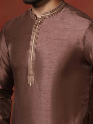 brown dupion kurta for men with solid design 5