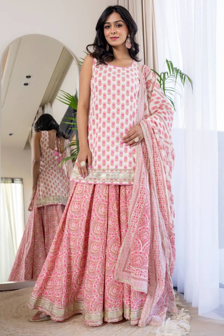 Pink coton lace work sharara set