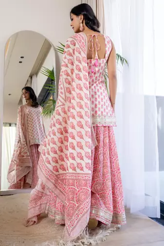 Pink coton lace work sharara set