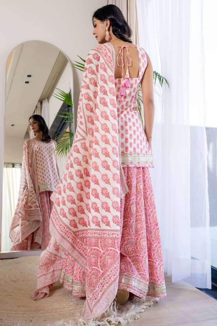 Pink coton lace work sharara set