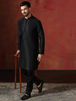 black dupion kurta for men with solid design 1