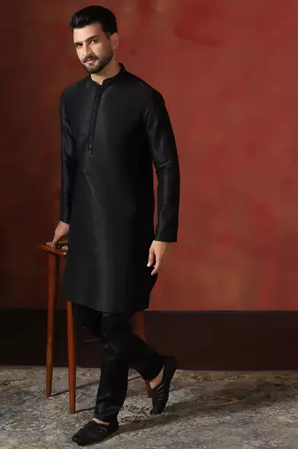 black dupion kurta for men with solid design