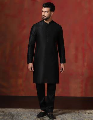 black dupion kurta for men with solid design 2