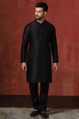black dupion kurta for men with solid design