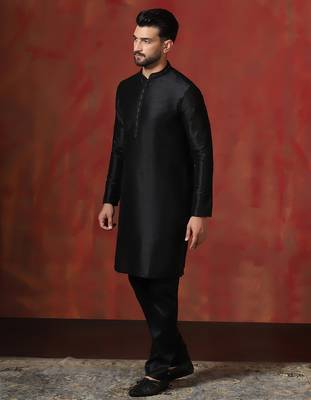 black dupion kurta for men with solid design 3