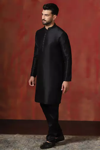 black dupion kurta for men with solid design