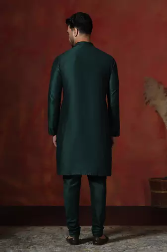 green dupion kurta for men with solid design