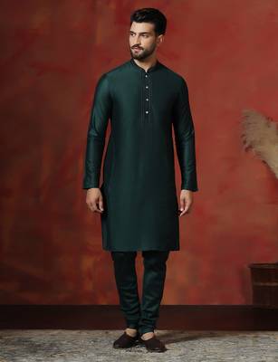 green dupion kurta for men with solid design 1