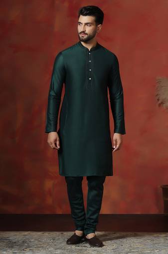 green dupion kurta for men with solid design