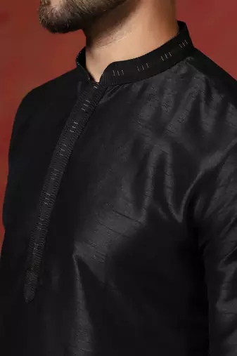 black dupion kurta for men with solid design