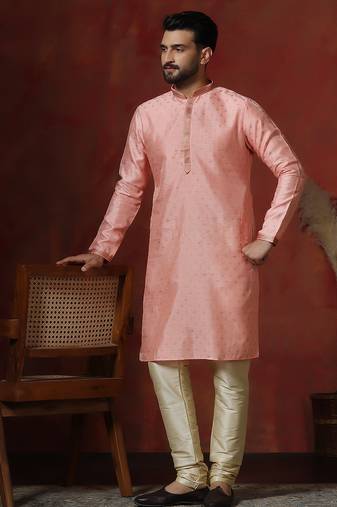 Pink dupion kurta for men with solid design
