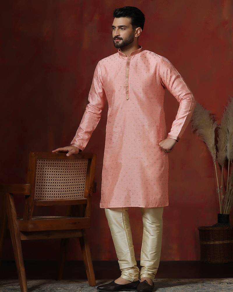 Pink dupion kurta for men with solid design