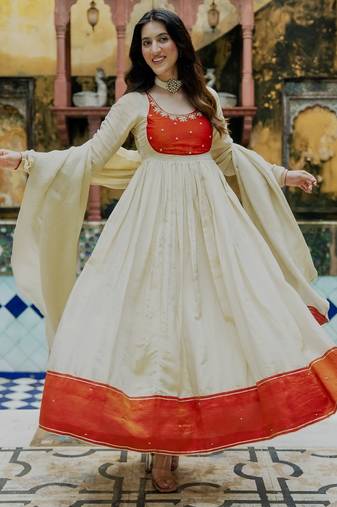 Beige tissue handwork emboidered anarkali kurta set