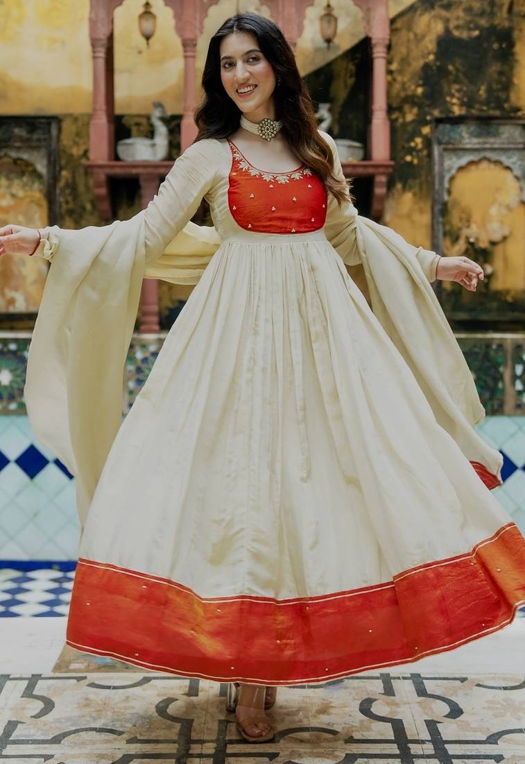 Beige tissue handwork emboidered anarkali kurta set