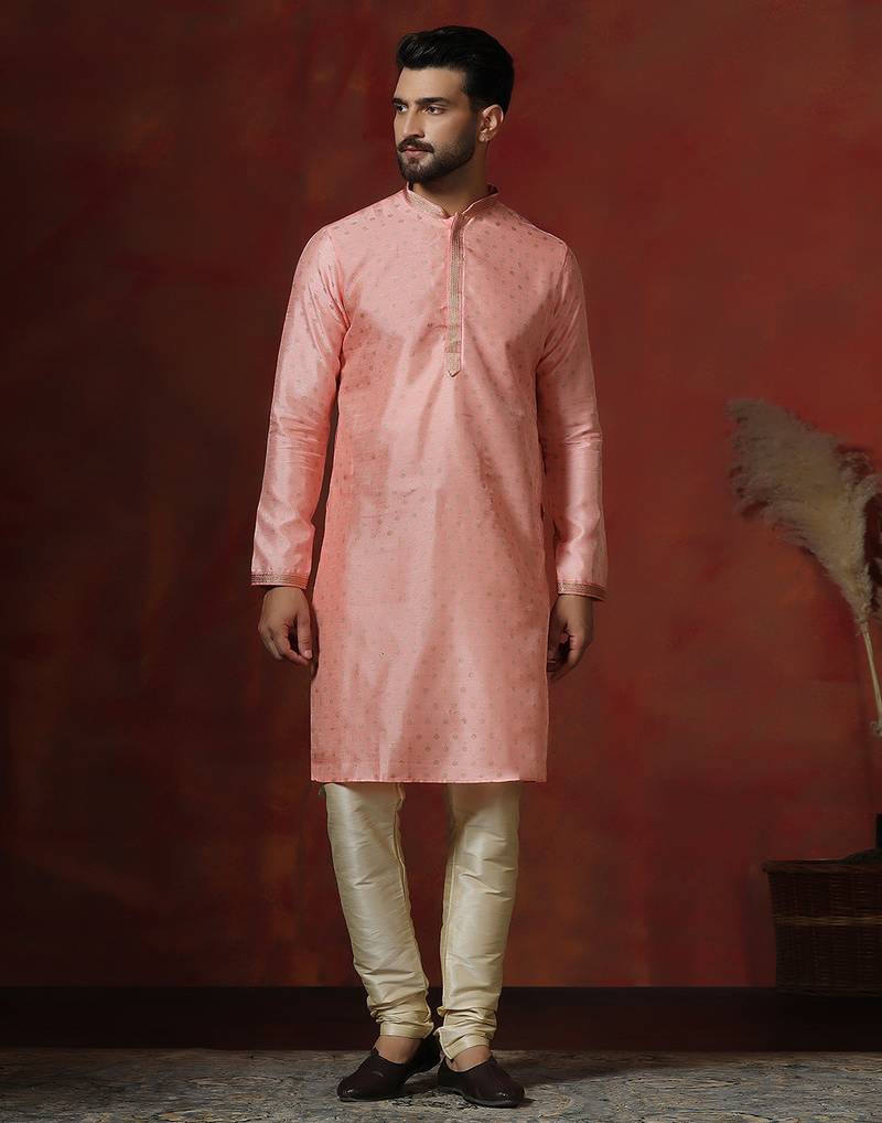 Pink dupion kurta for men with solid design