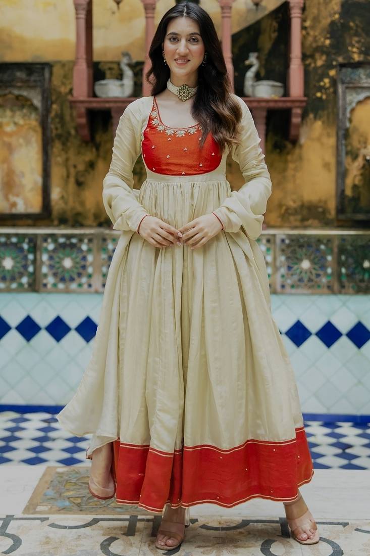 Beige tissue handwork emboidered anarkali kurta set