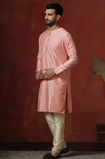 Pink dupion kurta for men with solid design