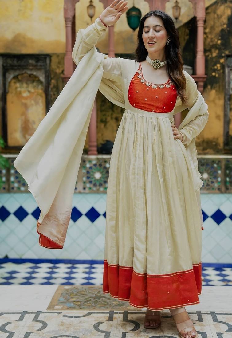 Beige tissue handwork emboidered anarkali kurta set