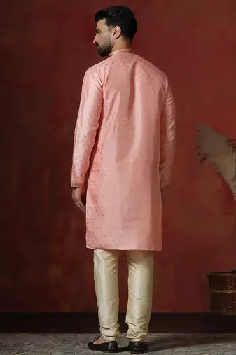 Pink dupion kurta for men with solid design