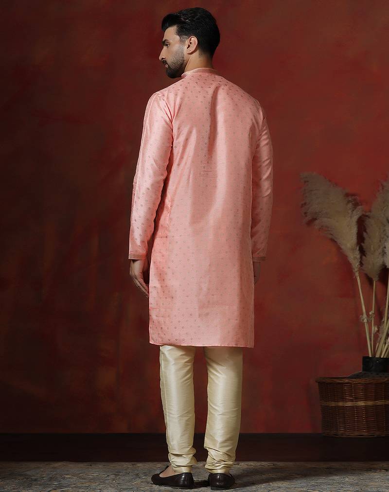 Pink dupion kurta for men with solid design