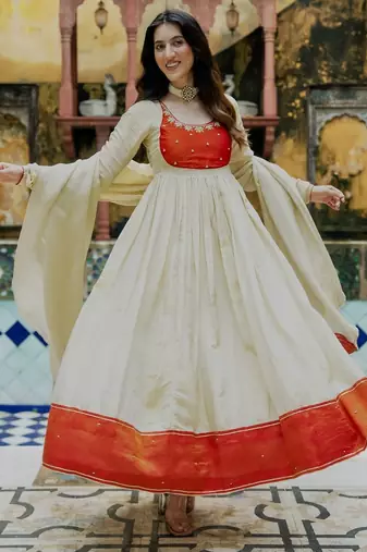 Beige tissue handwork Embroidered anarkali kurta set