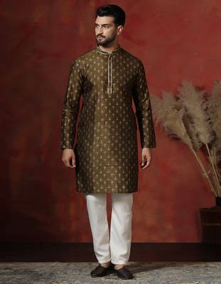 brown dupion kurta for men with printed design 1