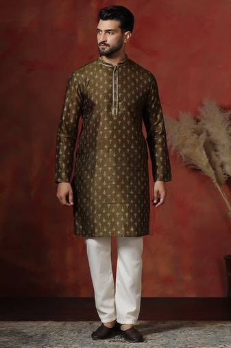 brown dupion kurta for men with printed design