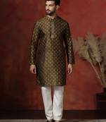 brown dupion kurta for men with printed design