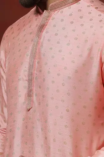 Pink dupion kurta for men with solid design