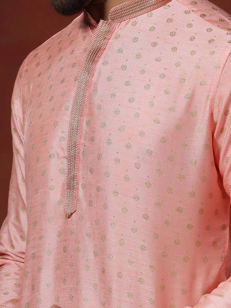 Pink dupion kurta for men with solid design