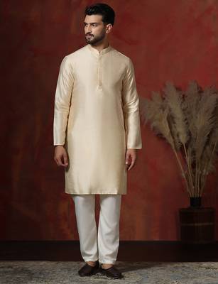 cream dupion kurta for men with solid design 2