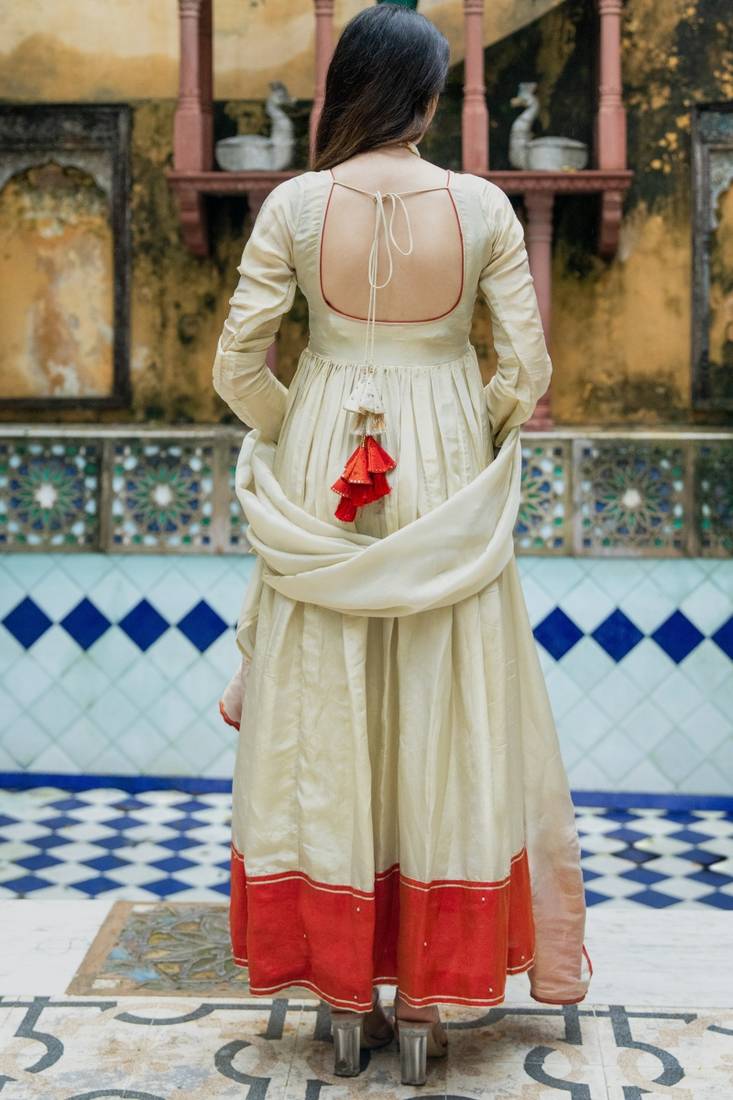 Beige tissue handwork emboidered anarkali kurta set