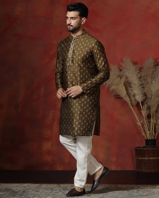 brown dupion kurta for men with printed design 2