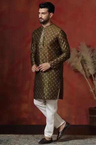 brown dupion kurta for men with printed design
