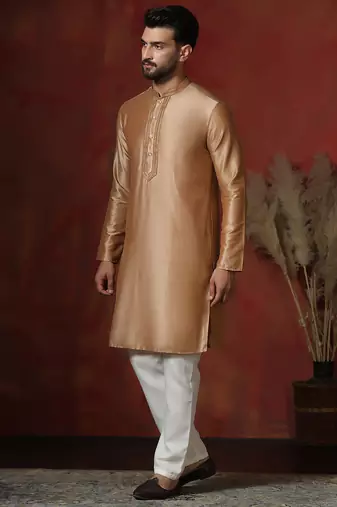 beige dupion kurta for men with solid design
