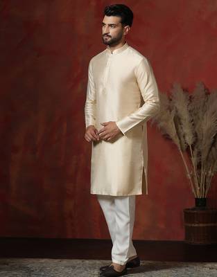 cream dupion kurta for men with solid design 3