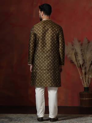 brown dupion kurta for men with printed design 3