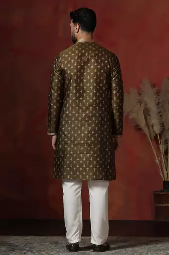 brown dupion kurta for men with printed design