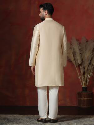 cream dupion kurta for men with solid design 4