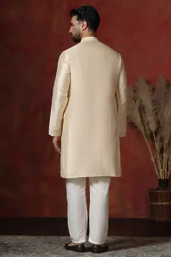 cream dupion kurta for men with solid design