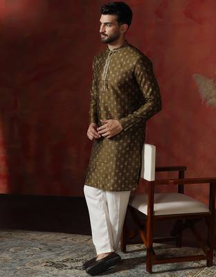 brown dupion kurta for men with printed design 4
