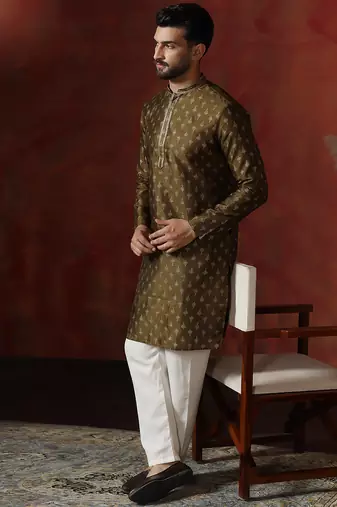 brown dupion kurta for men with printed design