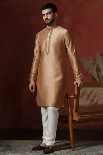 beige dupion kurta for men with solid design