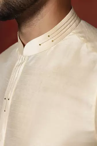 cream dupion kurta for men with solid design