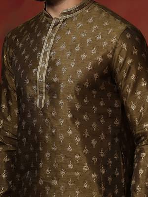 brown dupion kurta for men with printed design 5