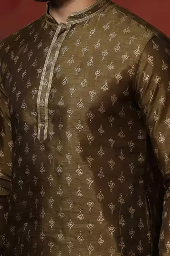 brown dupion kurta for men with printed design