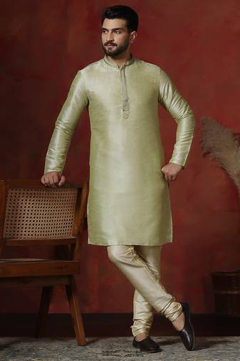 Green dupion kurta for men with printed design
