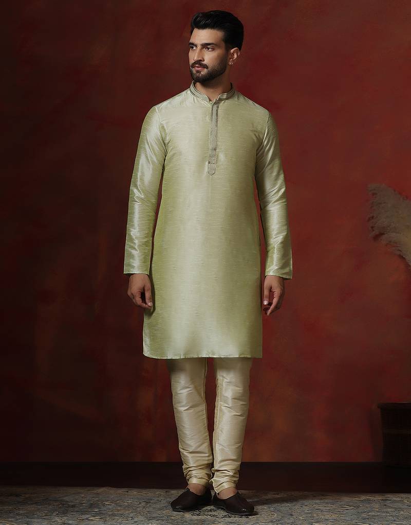 Green dupion kurta for men with printed design