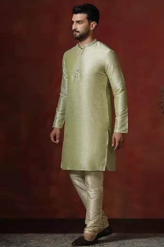 Green dupion kurta for men with printed design