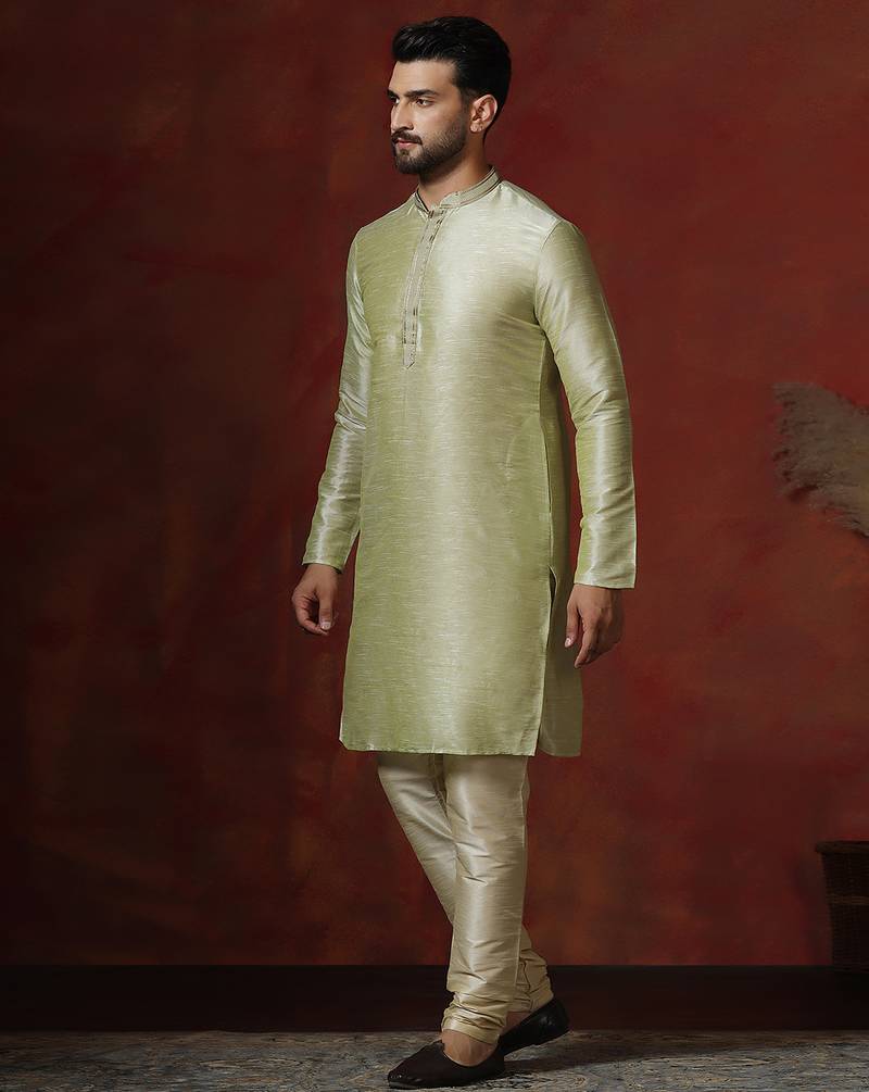 Green dupion kurta for men with printed design